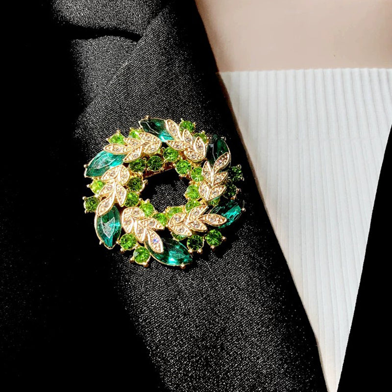 Green Crystal Flower Gold Brooch