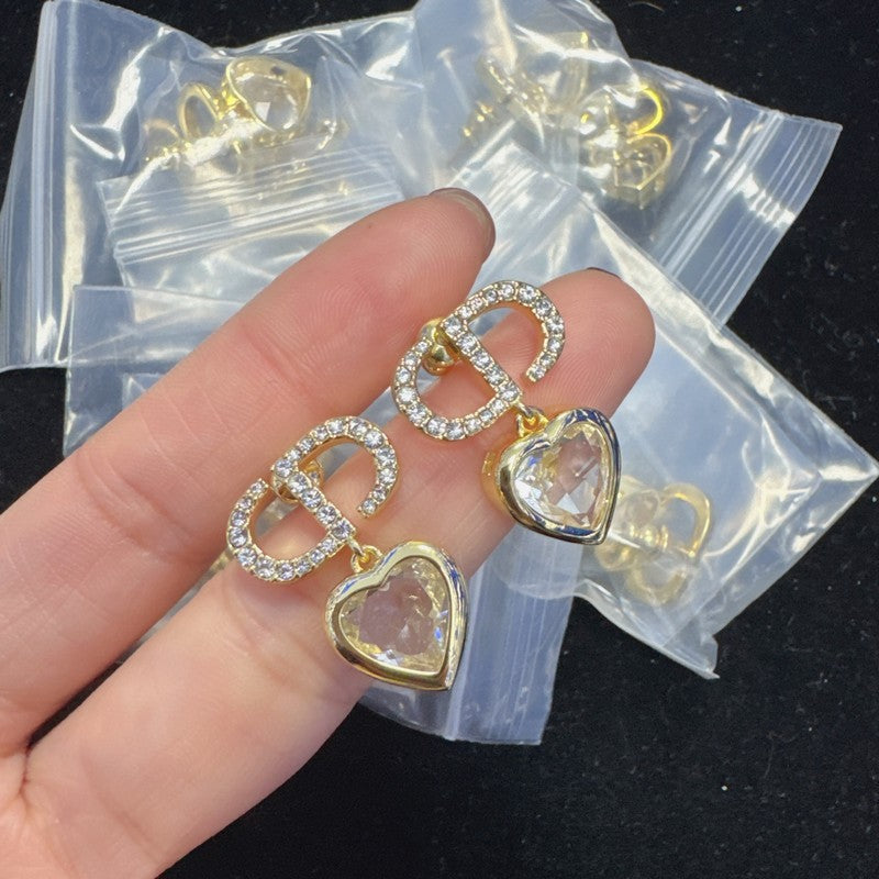 CD White & Green Heart Crysyal Gold Earrings