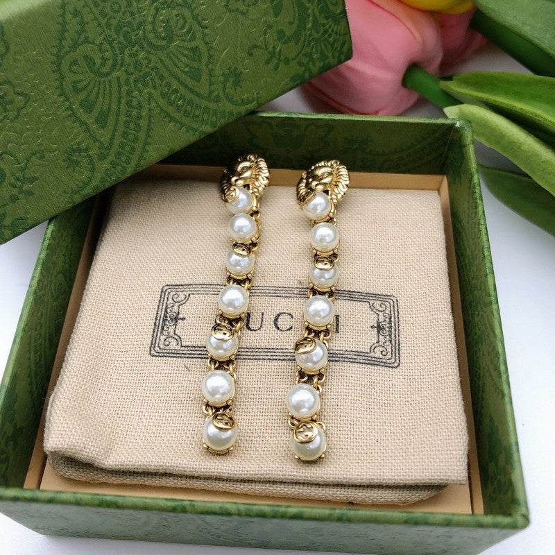 GG Lion Long Pearl Earrings