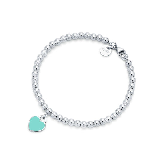Tiff Blue Heart Tag Bead Bracelet