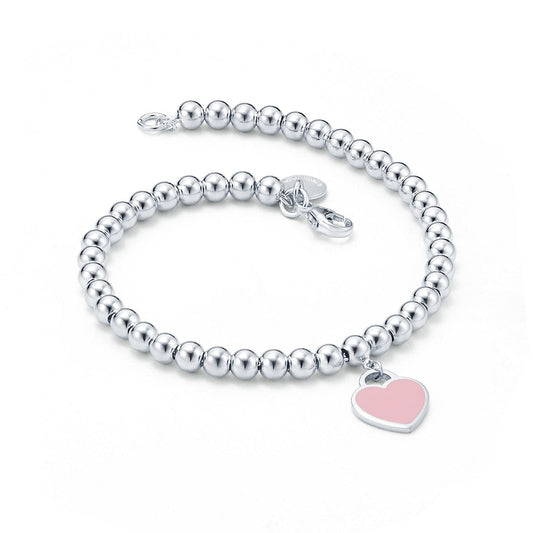 Tiff Pink Heart Tag Bead Bracelet