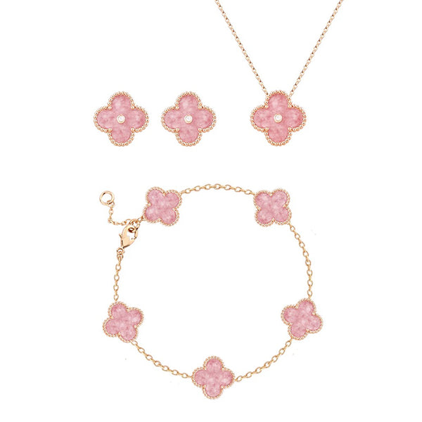 Pink Clover Necklace, Earring & Bracelet Set