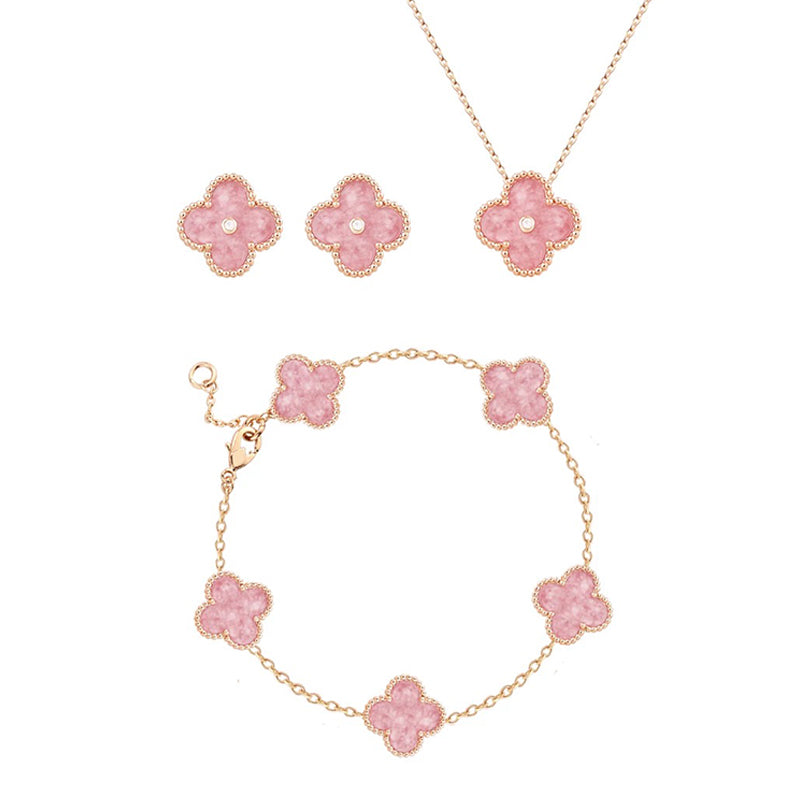 Pink Clover Necklace, Earring & Bracelet Set