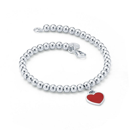 Tiff Red Heart Tag Bead Bracelet