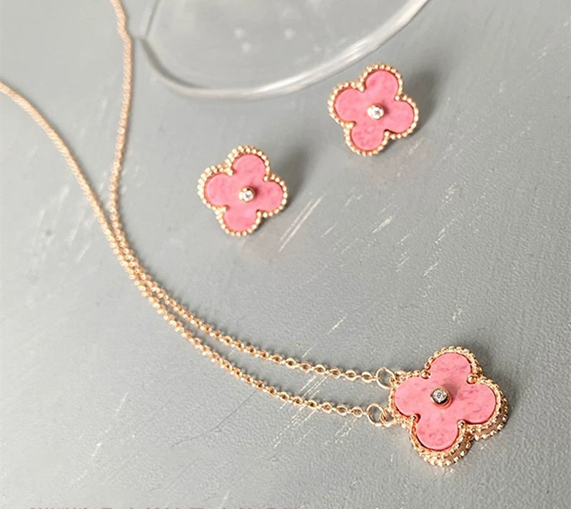 Pink Clover Necklace, Earring & Bracelet Set