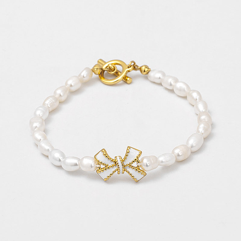 18K Bow Enamel Pearl Bracelet