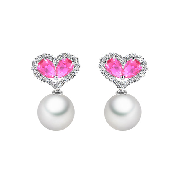 18K Pink Heart Crystal Pearl Earrings