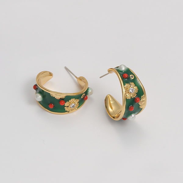 18K Green Enamel Earrings