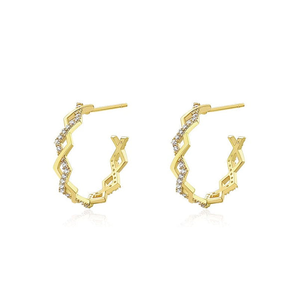 18K Gold C-Shaped Zircon Earrings