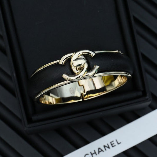 CC Black Leather Gold Bracelet