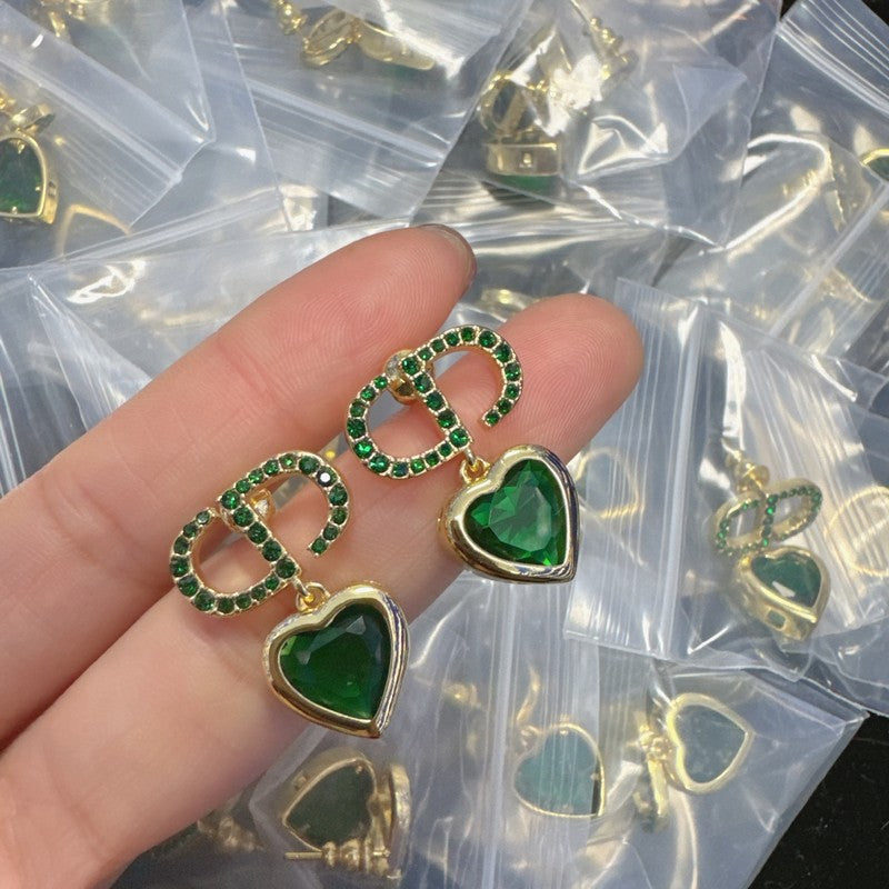 CD White & Green Heart Crysyal Gold Earrings