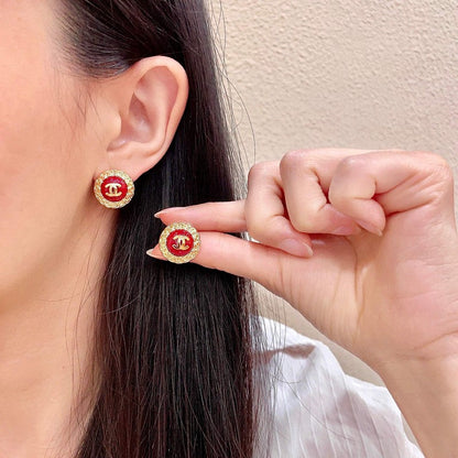 CC Vintage Red Gold Round Earrings