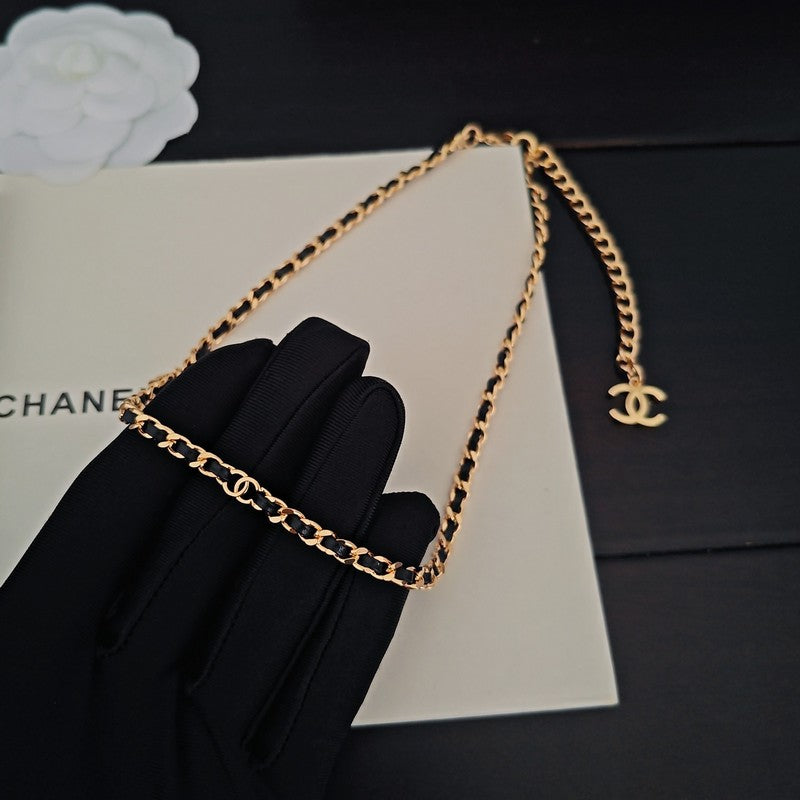 CC Black Leather Gold Chain Necklace