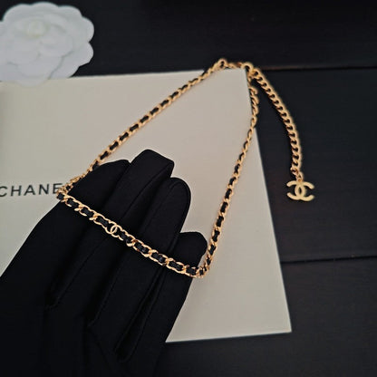 CC Black Leather Gold Chain Necklace
