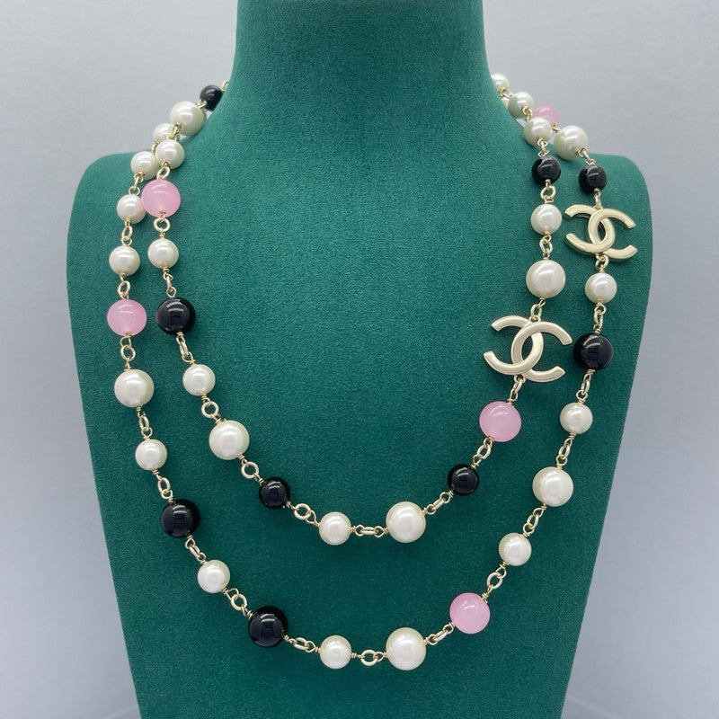 CC Black & Pink Bead Pearl Long Necklace