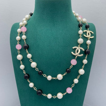 CC Black & Pink Bead Pearl Long Necklace