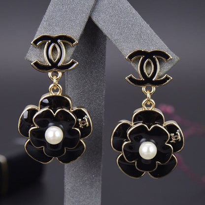 CC Black Gold Camellia Pendant Earrings