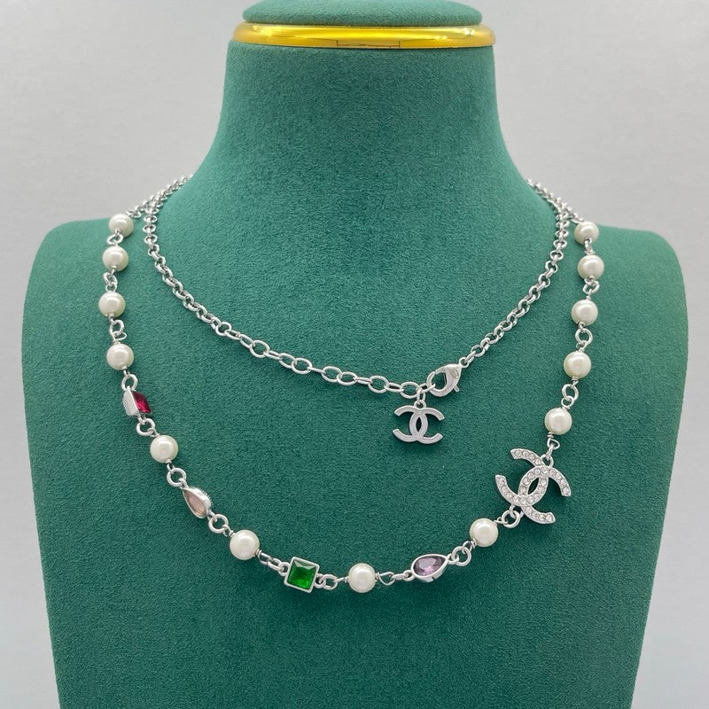 CC Color Crystal Pearl Long Chain Necklace