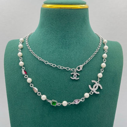 CC Color Crystal Pearl Long Chain Necklace