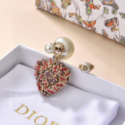 CD Tribales Red Flower Heart Faux Pearl Earrings