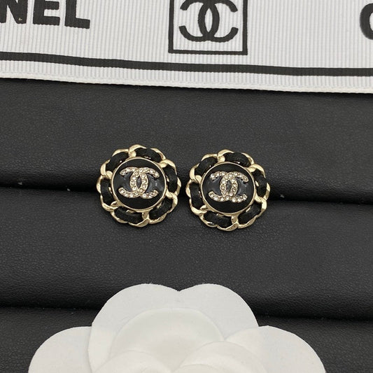 CC Black Leather Round Earrings