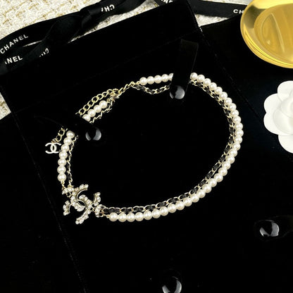 CC Pearl Chain Leather Necklace