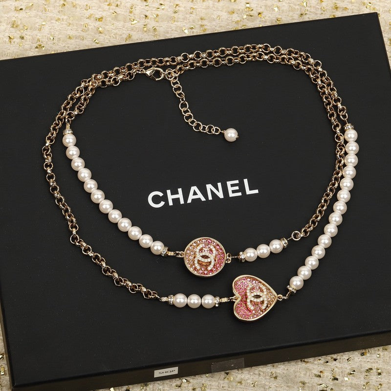 CC Pink Heart Long Pearl Necklace