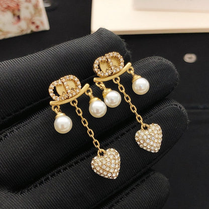 CD Diamond Heart Pearl Earrings