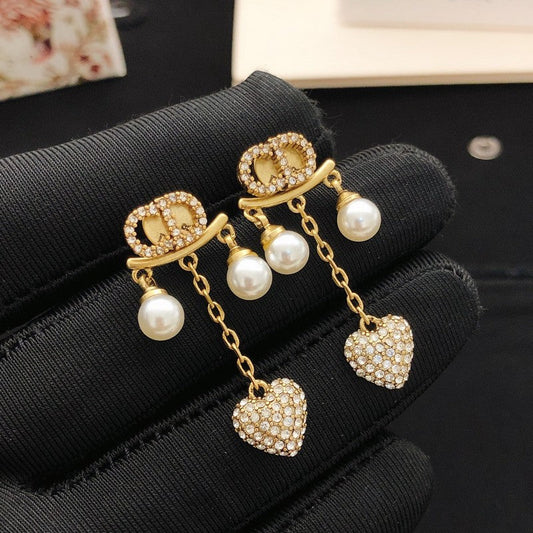 CD Diamond Heart Pearl Earrings