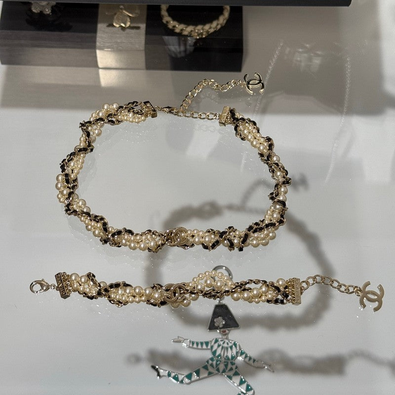 CC Pearl Leather Choker Necklace