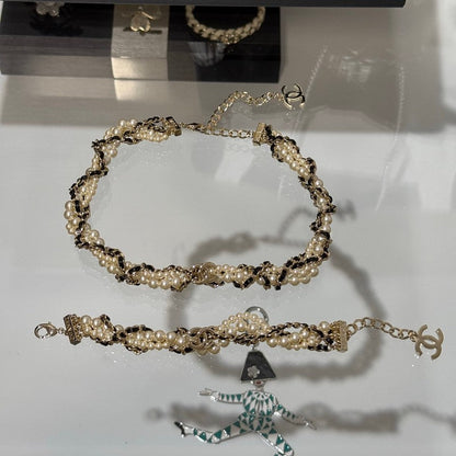CC Pearl Leather Choker Necklace