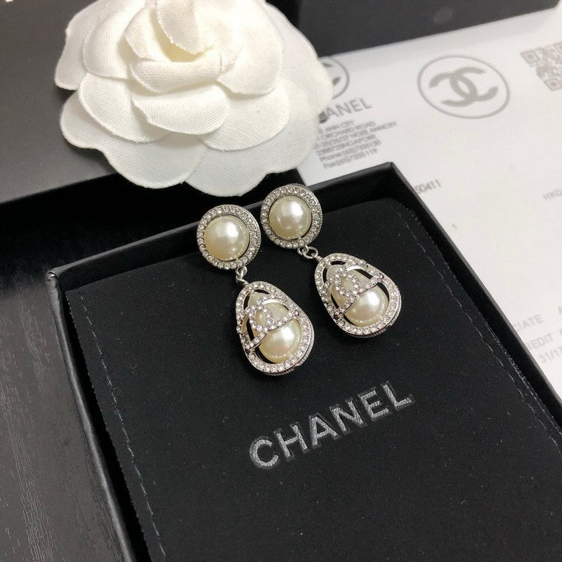 CC Pave Diamond Pearl Drop Earrings