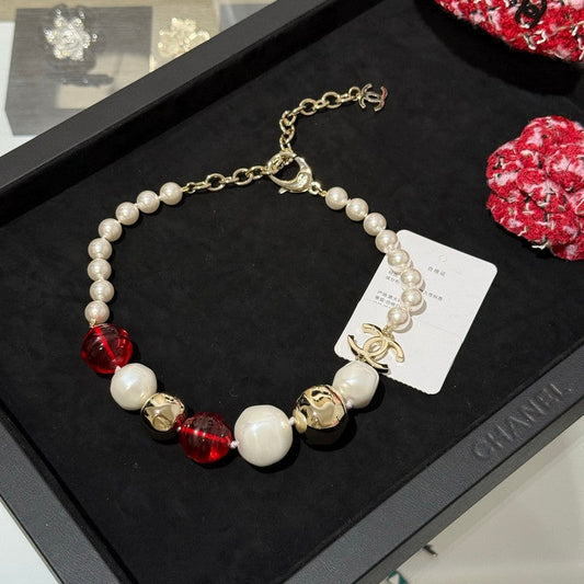 CC Red Crystal Pearl Choker Necklace