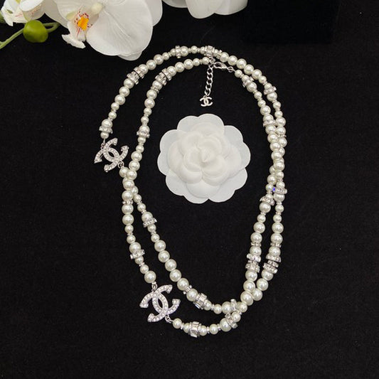 CC White Gold Pearl Long Necklace