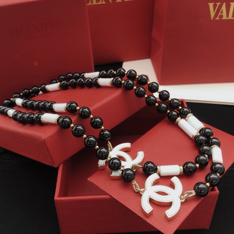 CC White Logo Long Black Pearl Necklace