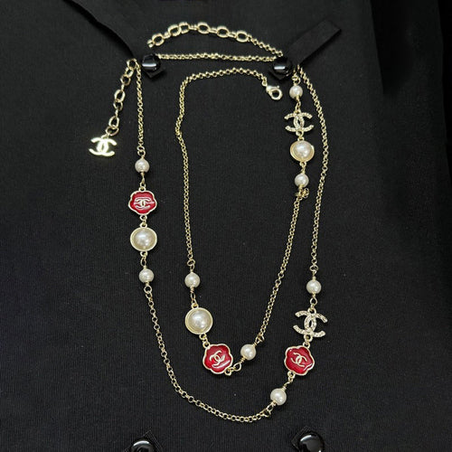 CC Red Flower Pearl Long Necklace