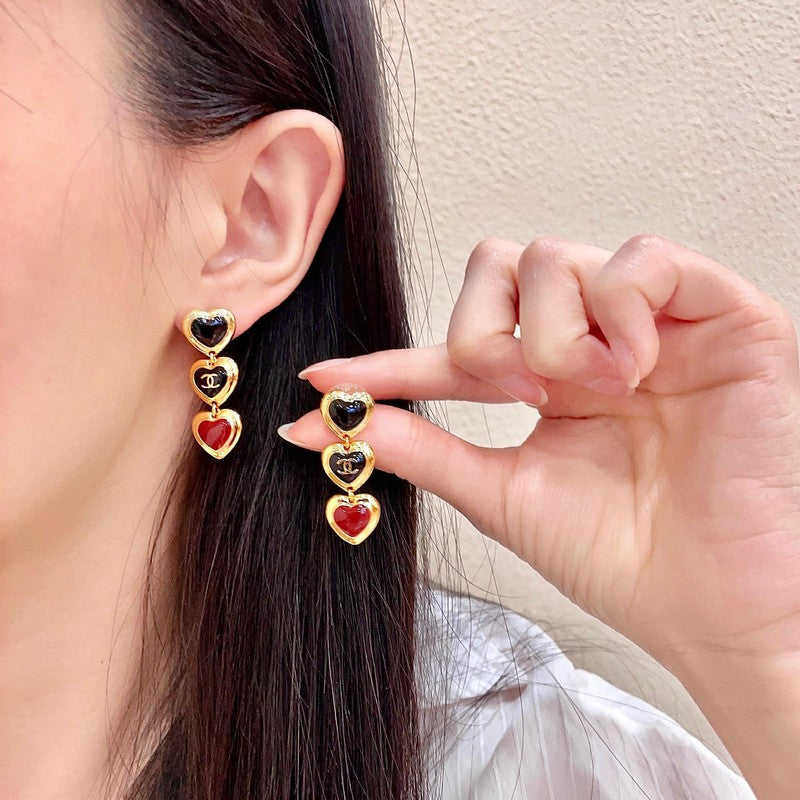 CC Black & Red Three Heart Drop Earrings