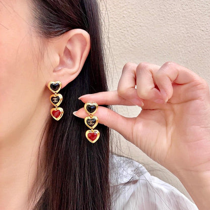 CC Black & Red Three Heart Drop Earrings
