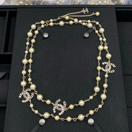 CC Long Pearls Gold Necklace