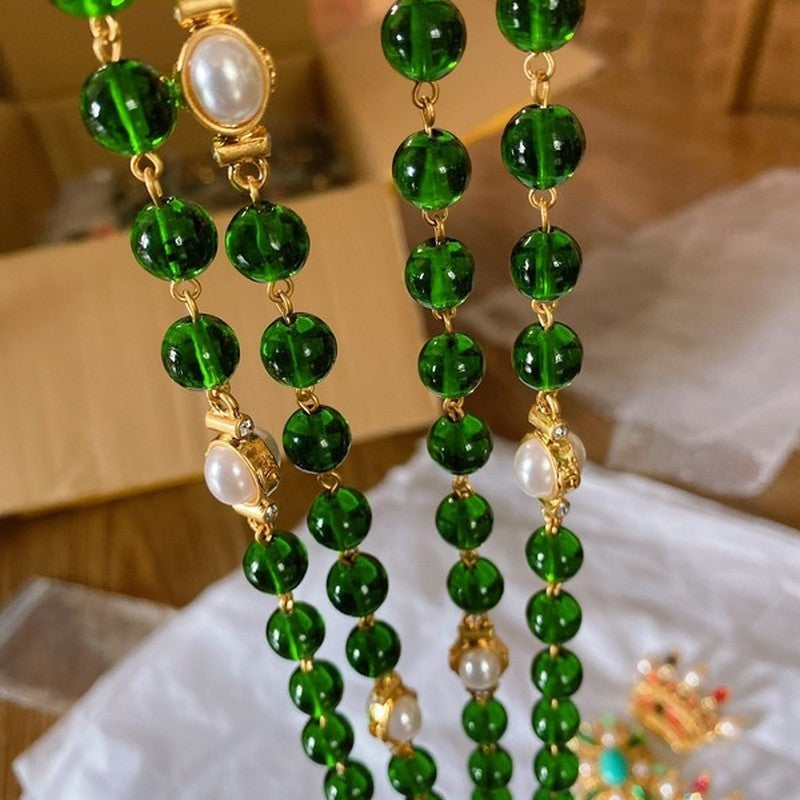 CC Long Green & White Pearls Necklace