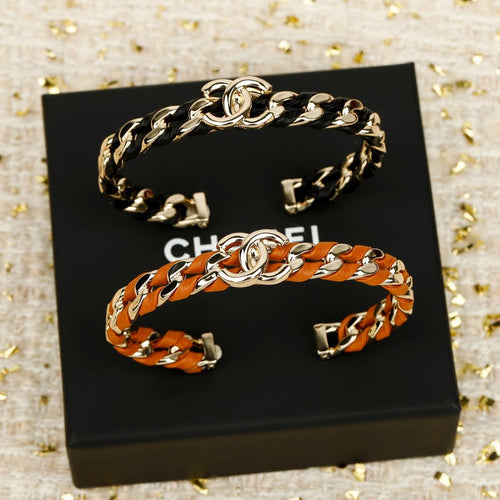 CC Black & Orange Leather Cuff Gold Bracelet