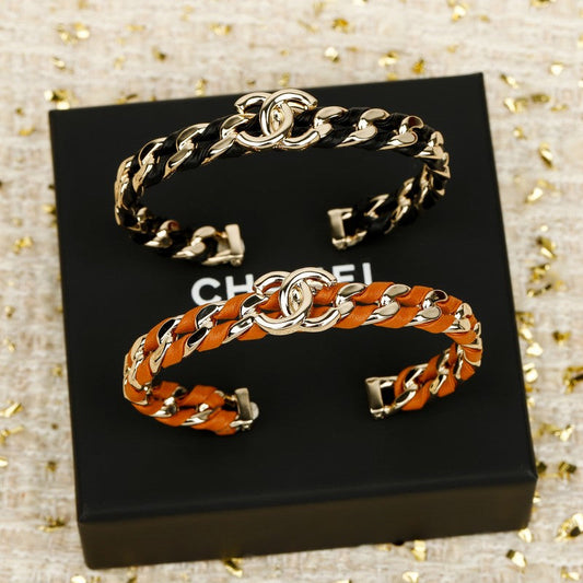 CC Black & Orange Leather Cuff Gold Bracelet