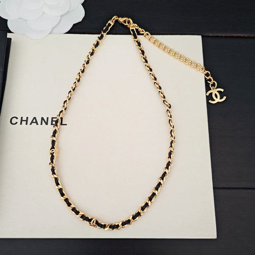 CC Black Leather Gold Chain Necklace