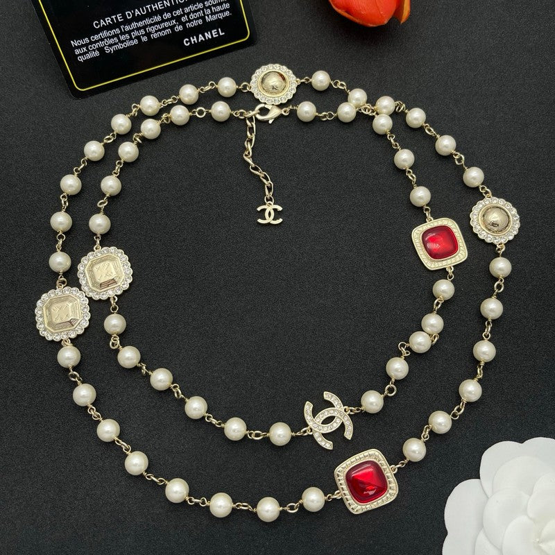 CC Red Crystal Pearl Long Necklace