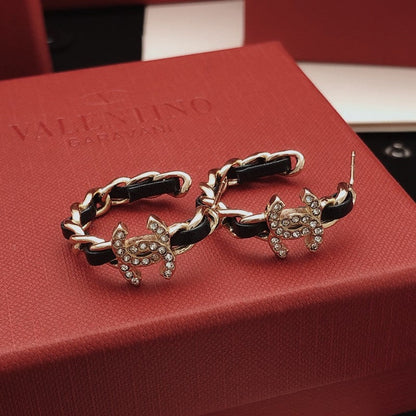 CC Black Leather Gold Earrings