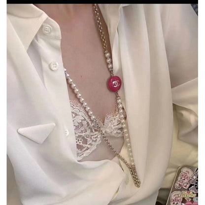 CC Pink Heart Long Pearl Necklace