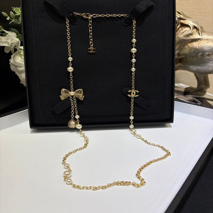 CC 25K Bow-Knot Pearl Long Necklace