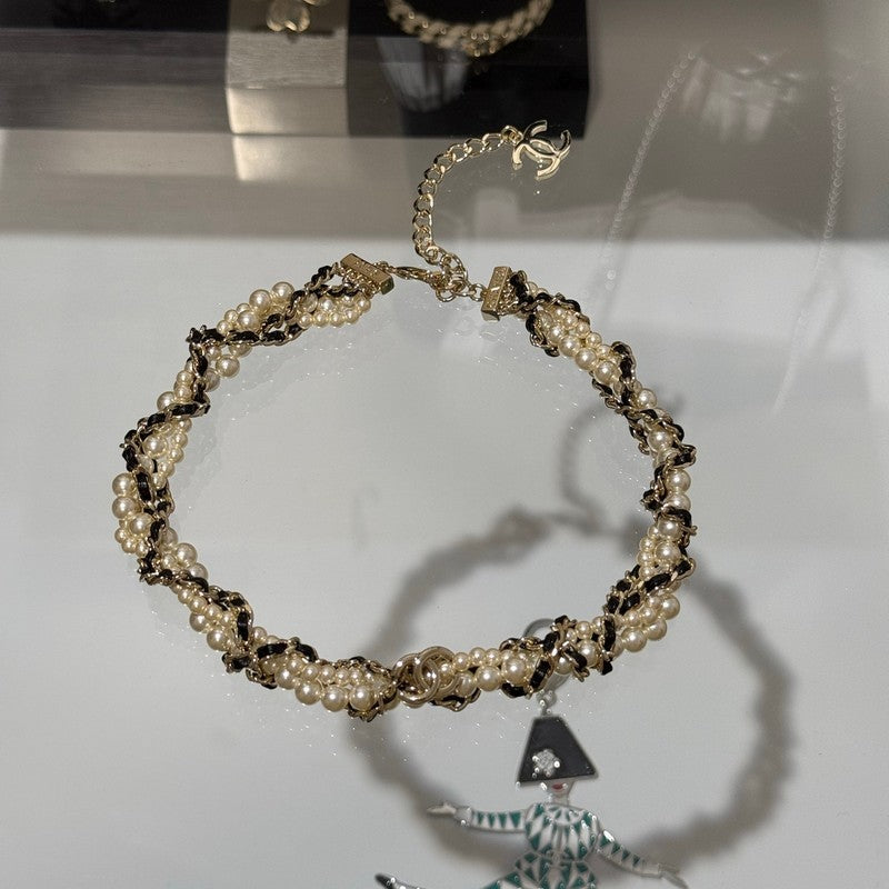 CC Pearl Leather Choker Necklace