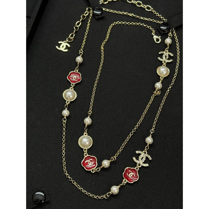 CC Red Flower Pearl Long Necklace