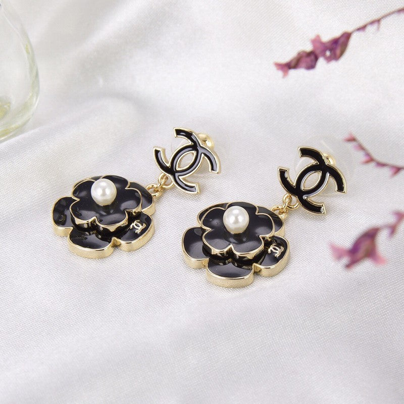 CC Black Gold Camellia Pendant Earrings